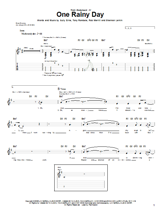 Godsmack One Rainy Day sheet music notes and chords. Download Printable PDF.