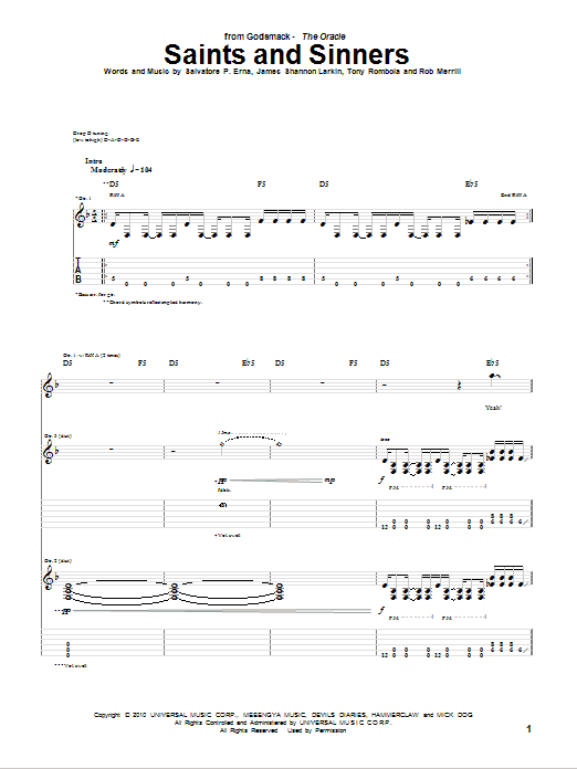 Godsmack Saints And Sinners sheet music notes and chords. Download Printable PDF.