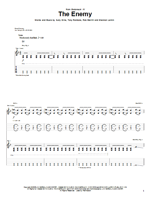 Godsmack The Enemy sheet music notes and chords. Download Printable PDF.