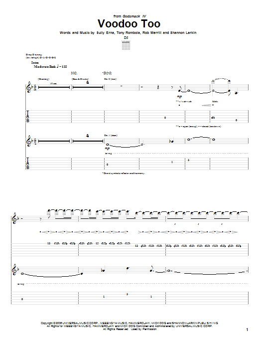 Godsmack Voodoo Too sheet music notes and chords. Download Printable PDF.