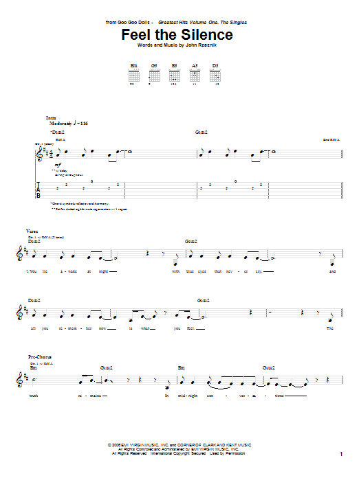 Learn to play Goo Goo Dolls Feel The Silence sheet music for Guitar Tab in minutes. Price: 7.8900$ Goo Goo Dolls Feel The Silence sheet music notes and chords arranged for Guitar Tab