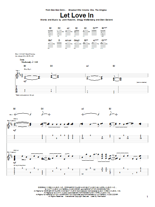 Learn to play Goo Goo Dolls Let Love In sheet music for Guitar Tab in minutes. Price: 7.8900$ Goo Goo Dolls Let Love In sheet music notes and chords arranged for Guitar Tab