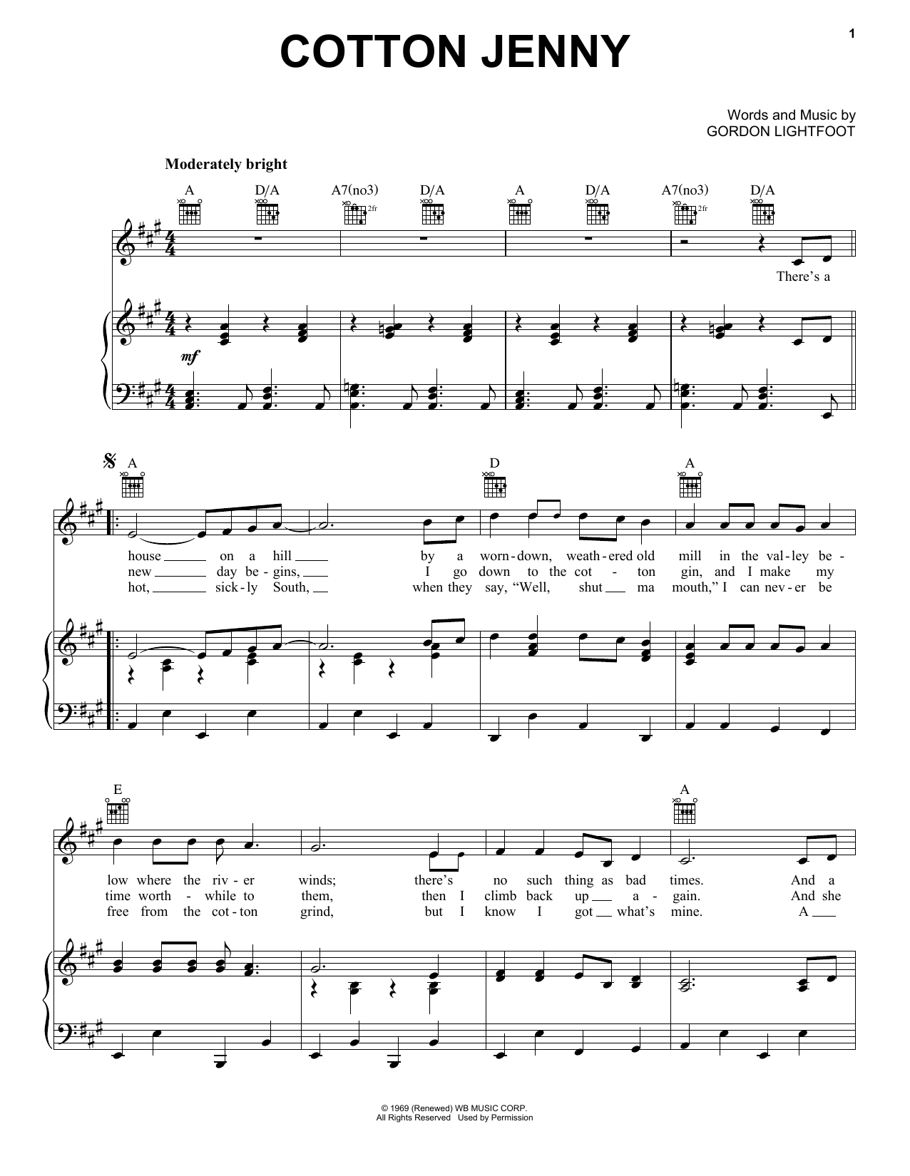 Gordon Lightfoot Cotton Jenny Sheet Music Pdf Notes Chords Rock Score Piano Vocal Guitar Right Hand Melody Download Printable Sku 160035