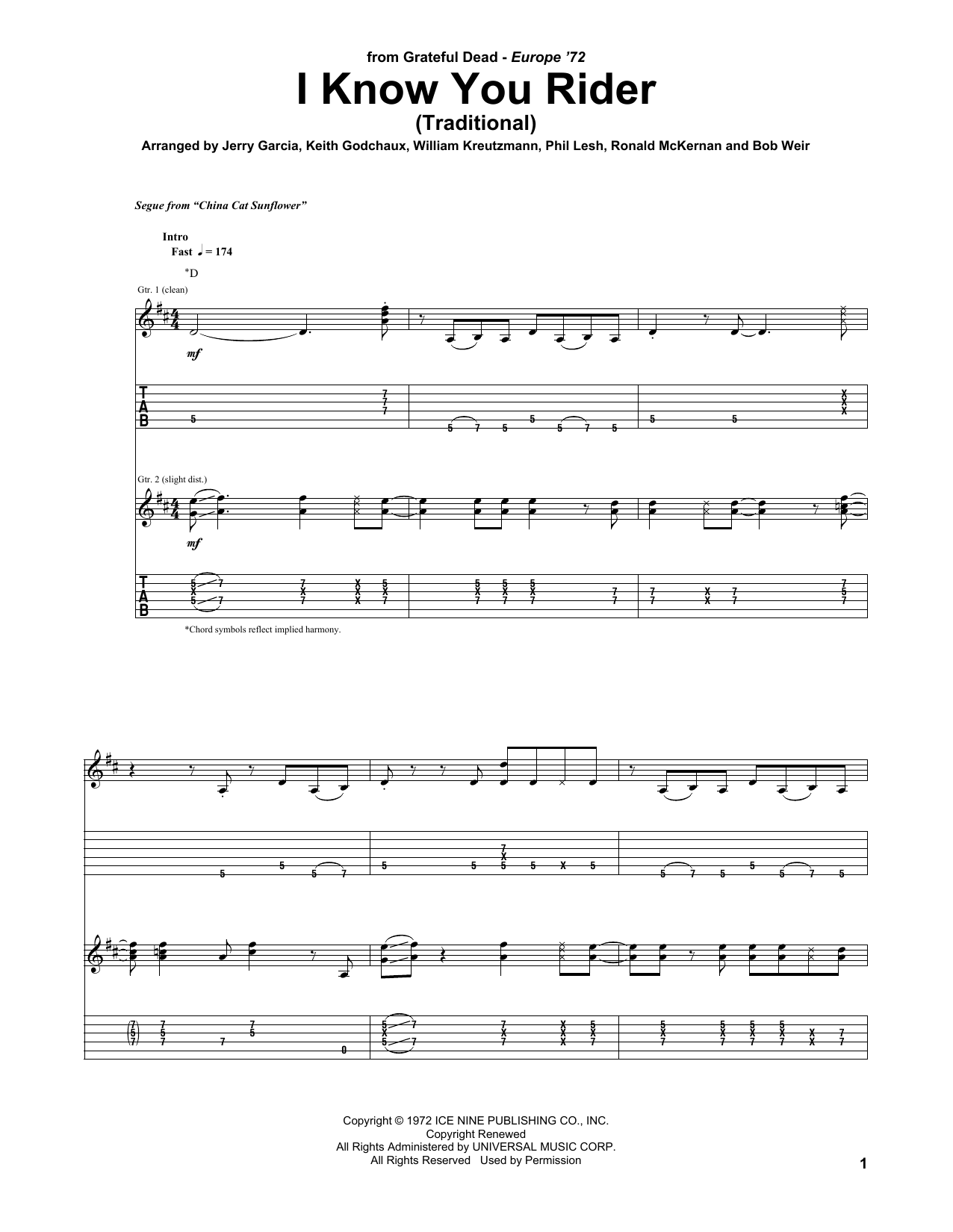 Grateful Dead I Know You Rider sheet music notes and chords. Download Printable PDF.