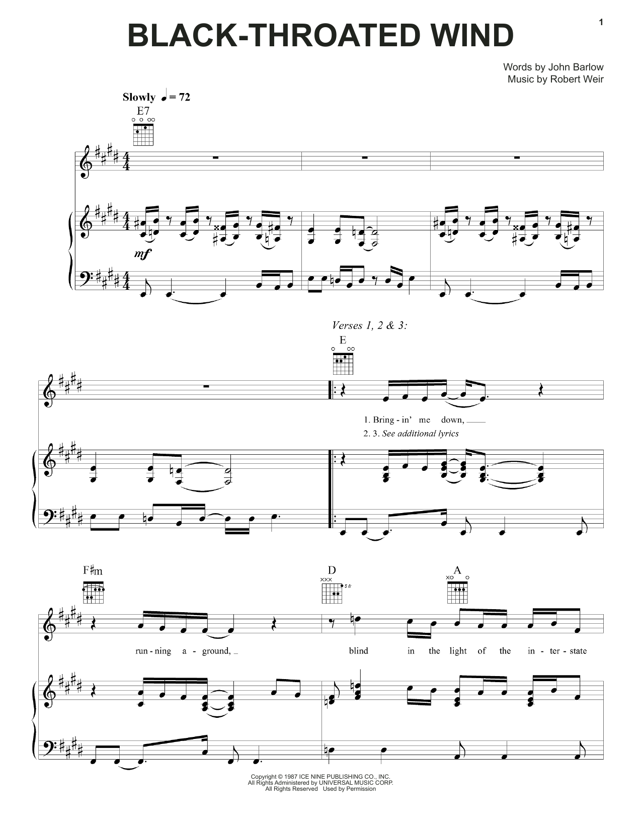 Grateful Dead Black-Throated Wind sheet music notes and chords. Download Printable PDF.