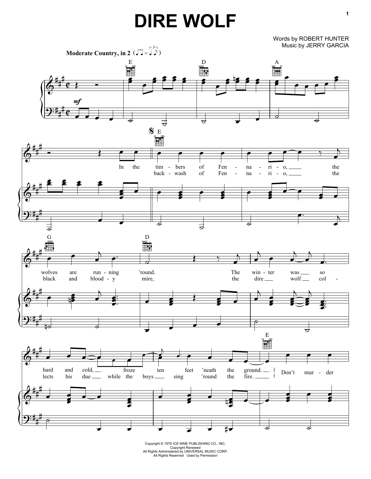 Grateful Dead Dire Wolf sheet music notes and chords. Download Printable PDF.