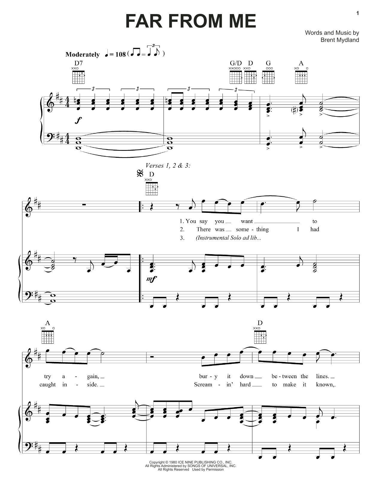 Grateful Dead Far From Me sheet music notes and chords. Download Printable PDF.