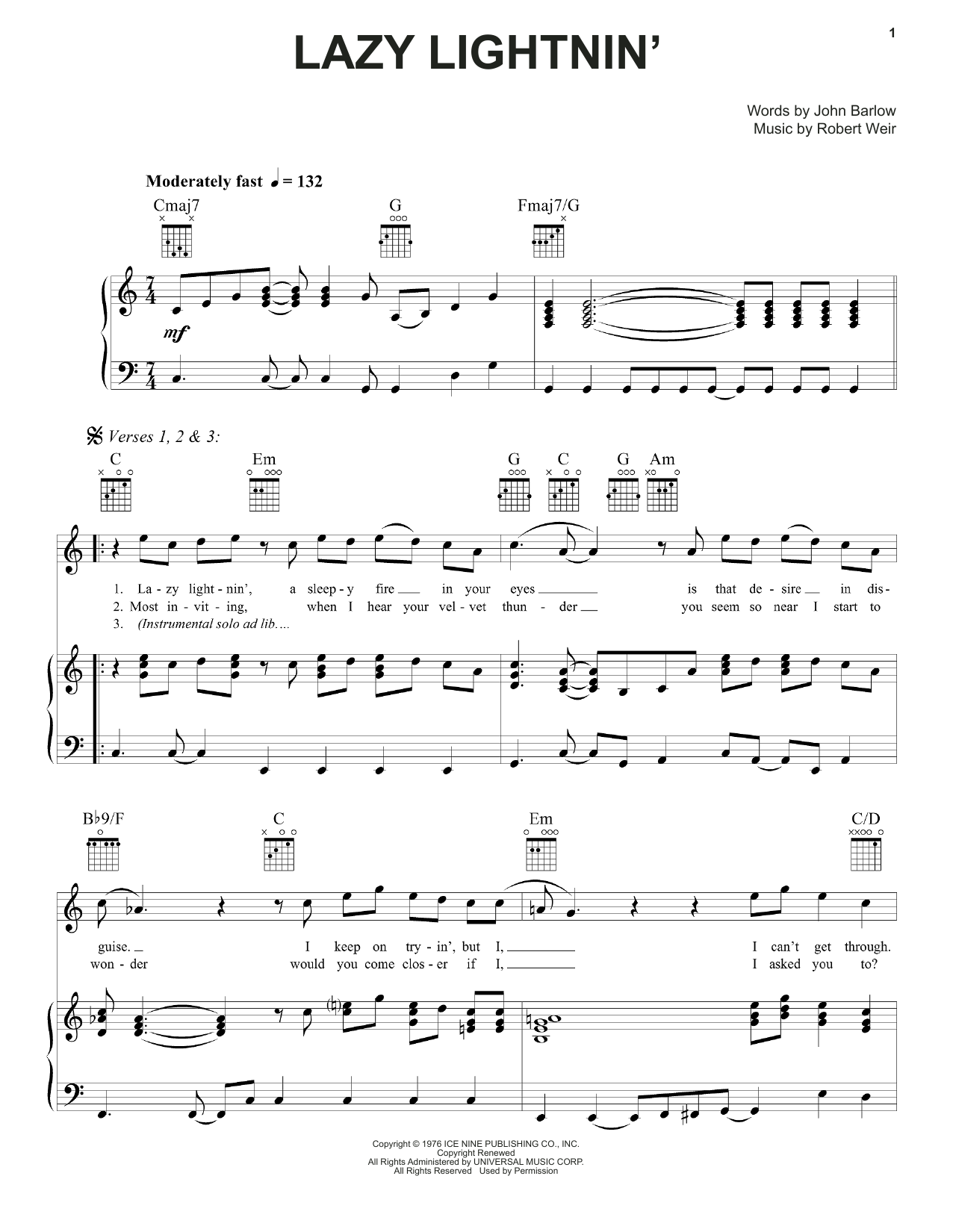 Grateful Dead Lazy Lightnin' sheet music notes and chords. Download Printable PDF.