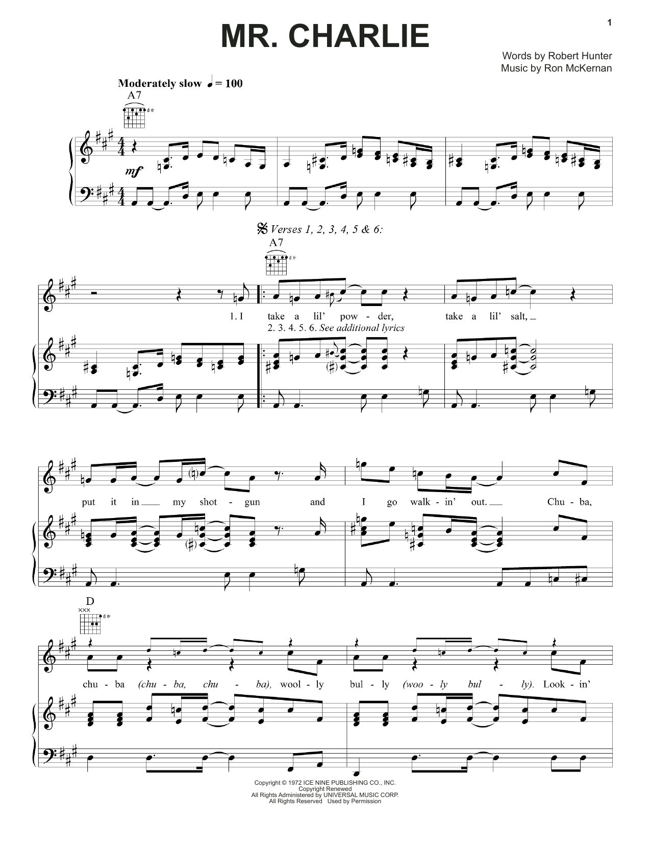 Grateful Dead Mr. Charlie sheet music notes and chords. Download Printable PDF.