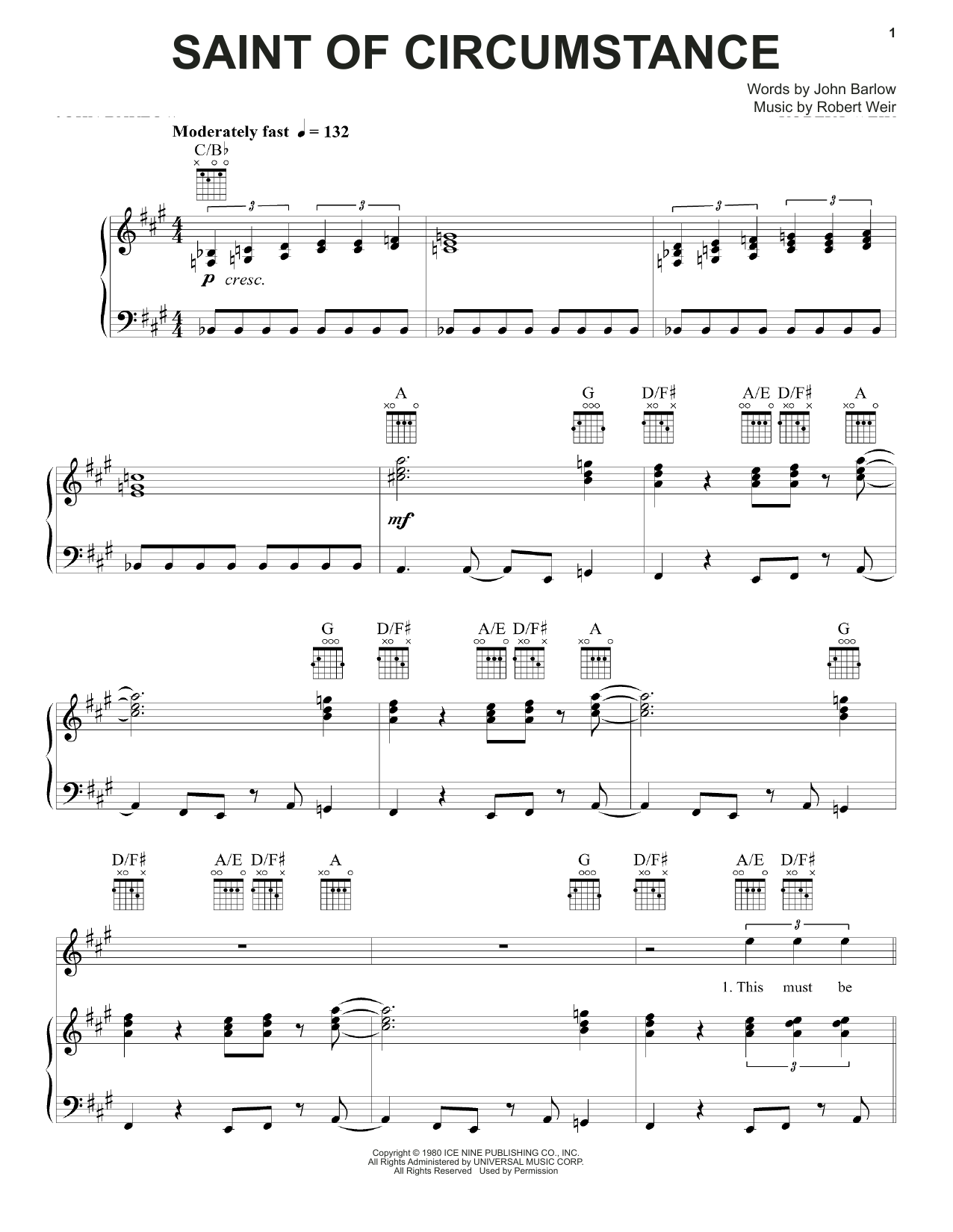 Grateful Dead Saint Of Circumstance sheet music notes and chords. Download Printable PDF.