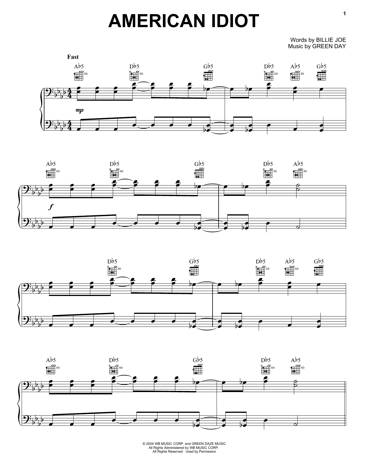 Green Day American Idiot sheet music notes and chords. Download Printable PDF.