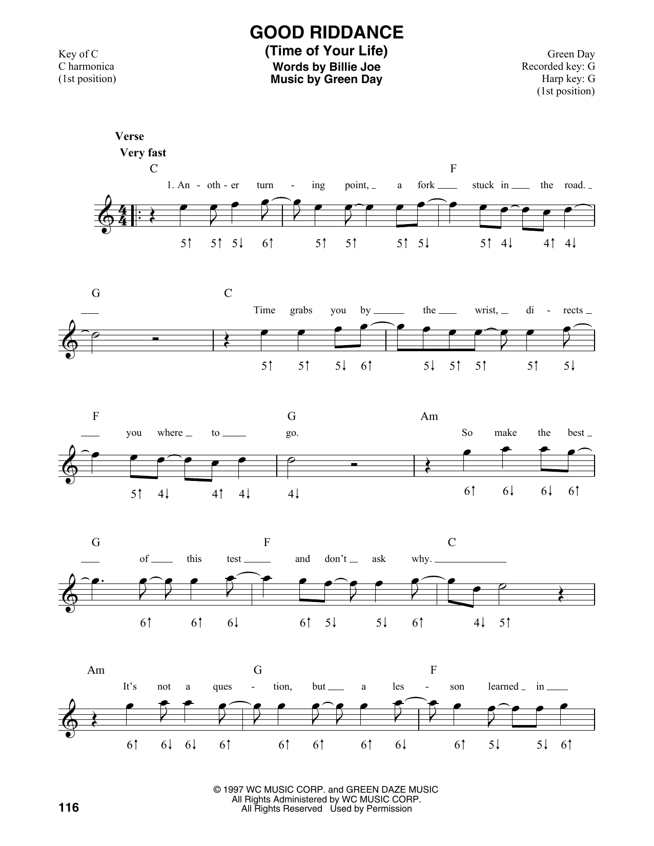 Green Day Good Riddance (Time Of Your Life) sheet music notes and chords. Download Printable PDF.