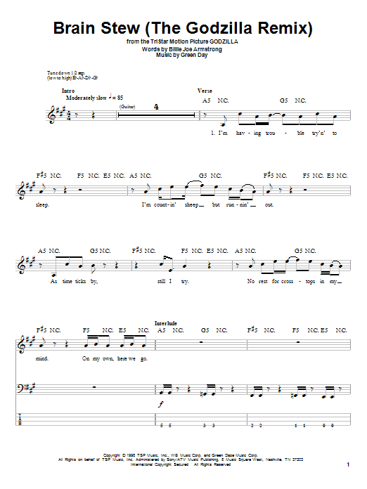Learn to play Green Day Brain Stew (The Godzilla Remix) sheet music for Guitar Tab (Single Guitar) in minutes. Green Day Brain Stew (The Godzilla Remix) sheet music notes and chords. Download Printable PDF.