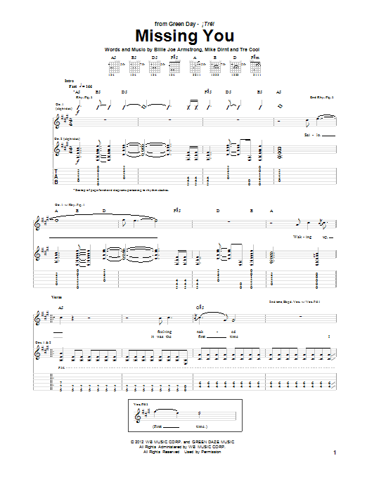 Green Day Missing You sheet music notes and chords. Download Printable PDF.