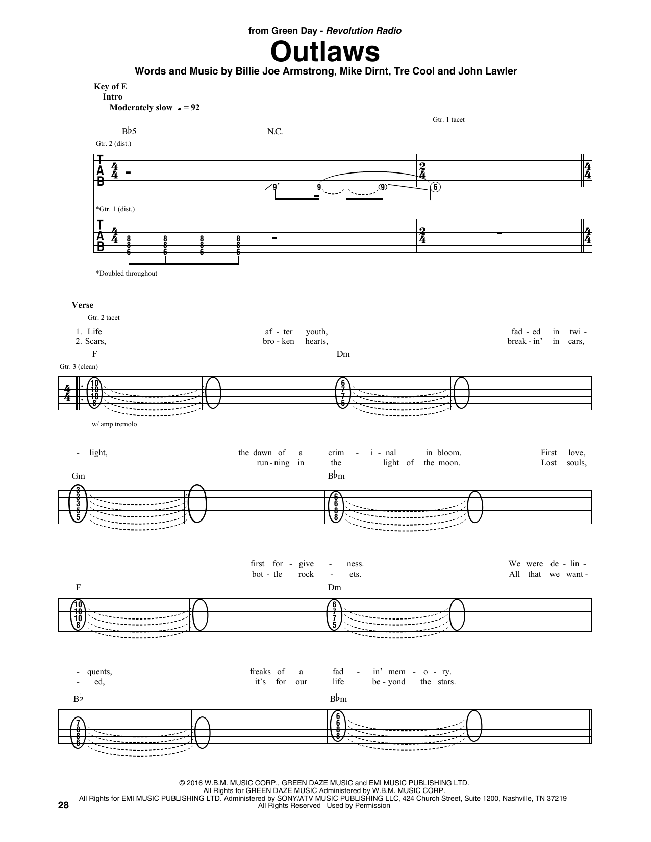 Green Day Outlaws sheet music notes and chords. Download Printable PDF.