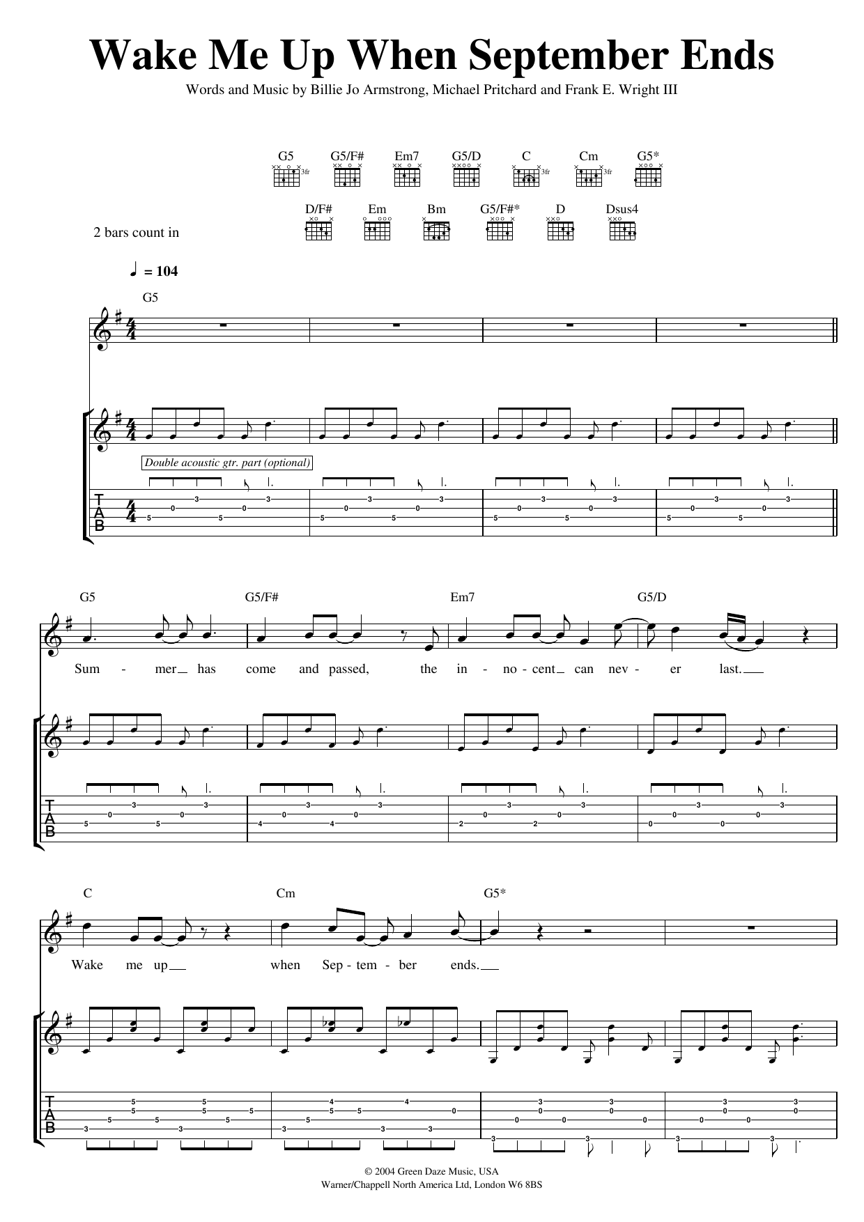 Green Day "Wake Me Up When September Ends" Music PDF Notes, Chords Punk Score Guitar Tab Download SKU: 189185