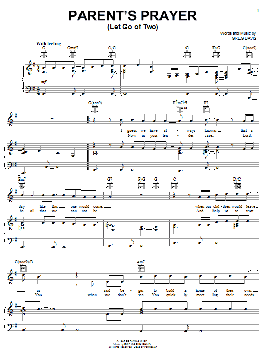 Greg Davis Parent's Prayer (Let Go Of Two) sheet music notes and chords. Download Printable PDF.