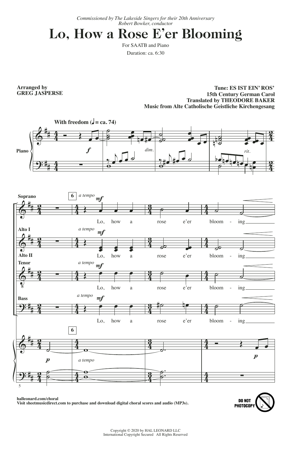 Greg Jasperse Lo, How A Rose E'er Blooming sheet music notes and chords. Download Printable PDF.