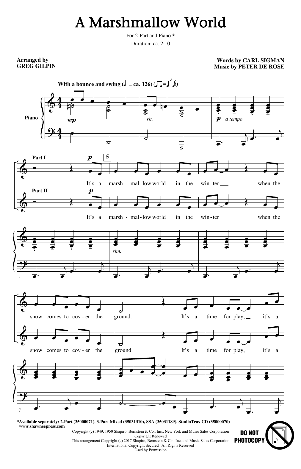 Learn to play Greg Gilpin A Marshmallow World sheet music for 3-Part Mixed Choir in minutes. Price: 3.9900$ Greg Gilpin A Marshmallow World sheet music notes and chords arranged for 3-Part Mixed Choir