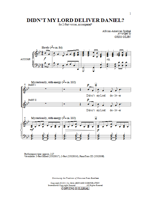 Greg Gilpin Didn't My Lord Deliver Daniel? sheet music notes and chords. Download Printable PDF.