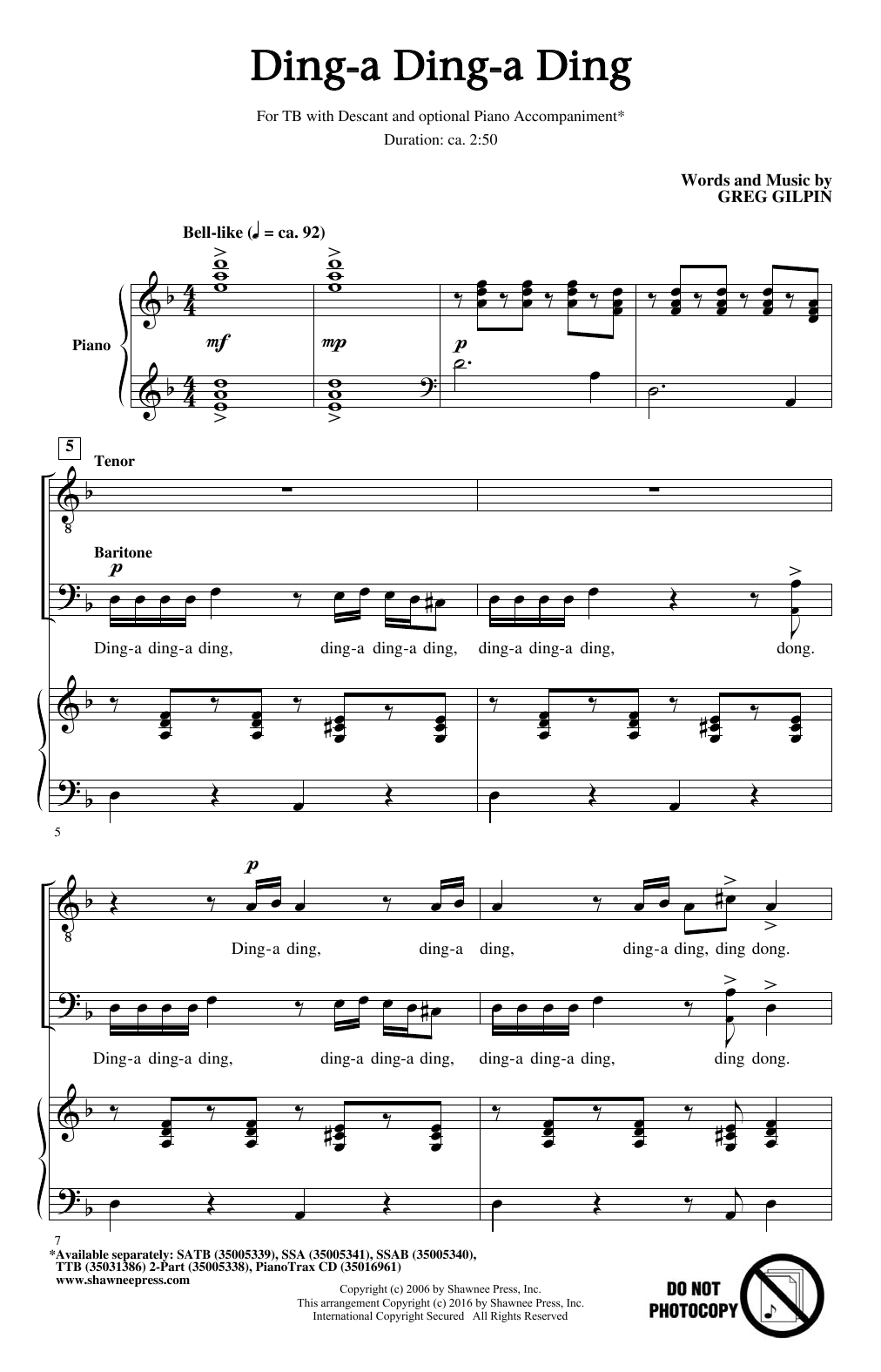 Learn to play Greg Gilpin Ding-a Ding-a Ding sheet music for TB Choir in minutes. Greg Gilpin Ding-a Ding-a Ding sheet music notes and chords