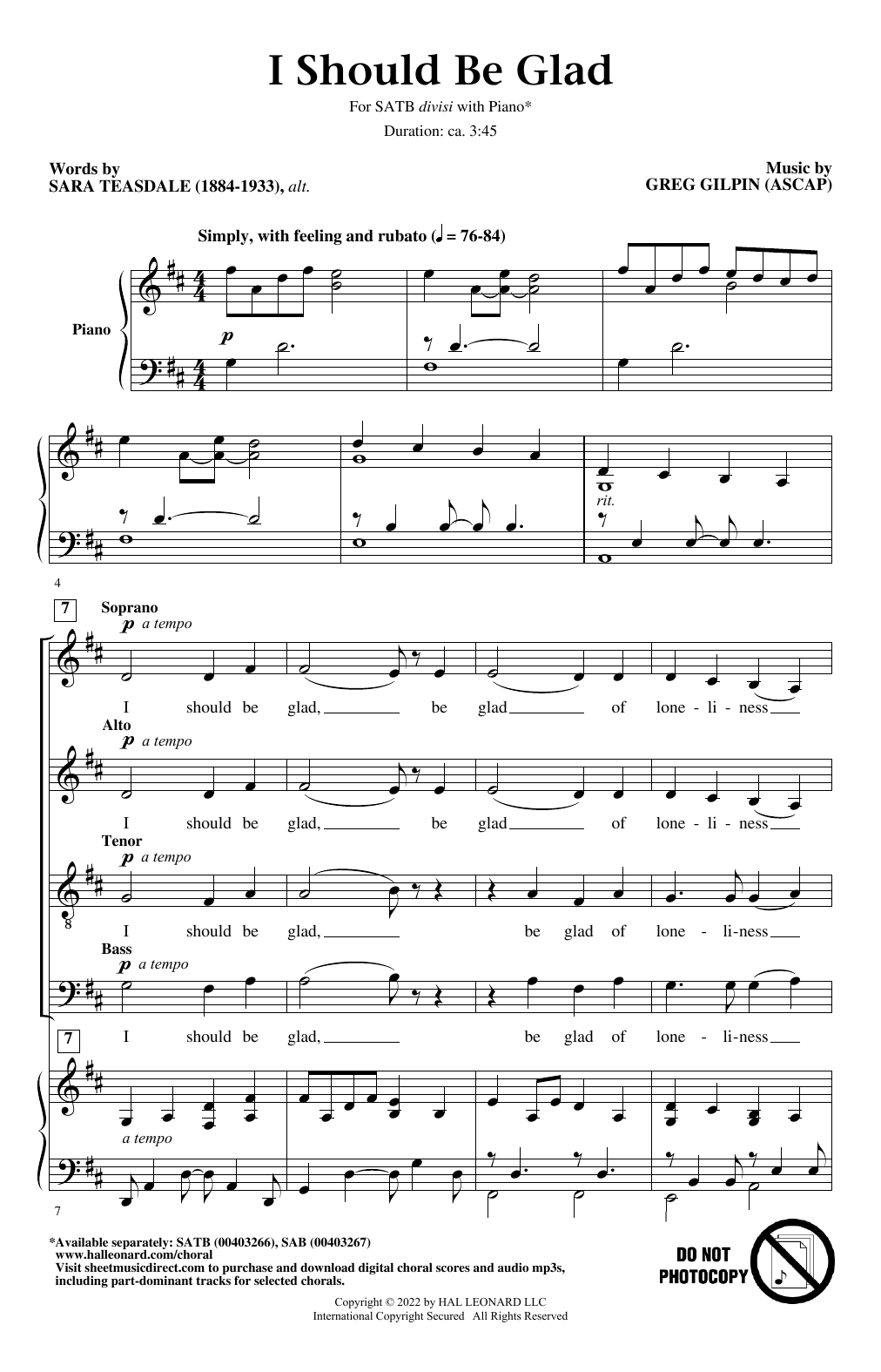 Learn to play Greg Gilpin I Should Be Glad sheet music for SATB Choir in minutes. Price: 3.9900$ Greg Gilpin I Should Be Glad sheet music notes and chords arranged for SATB Choir