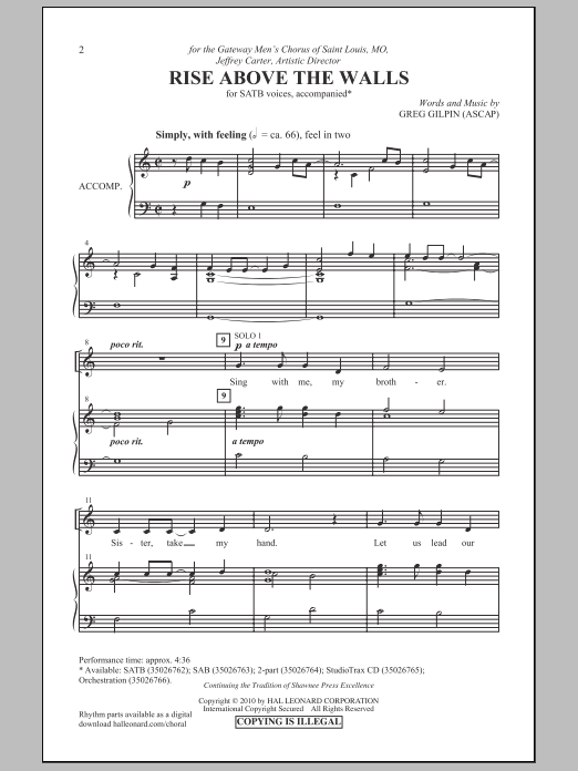 Learn to play Greg Gilpin Rise Above The Walls sheet music for SAB Choir in minutes. Price: 3.9900$ Greg Gilpin Rise Above The Walls sheet music notes and chords arranged for SAB Choir