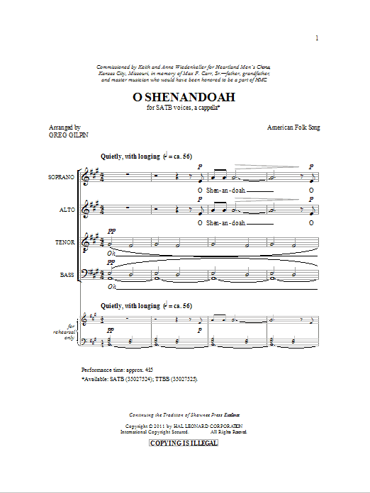 Greg Gilpin Shenandoah Sheet Music Pdf Notes Chords American Score Satb Choir Download 8482