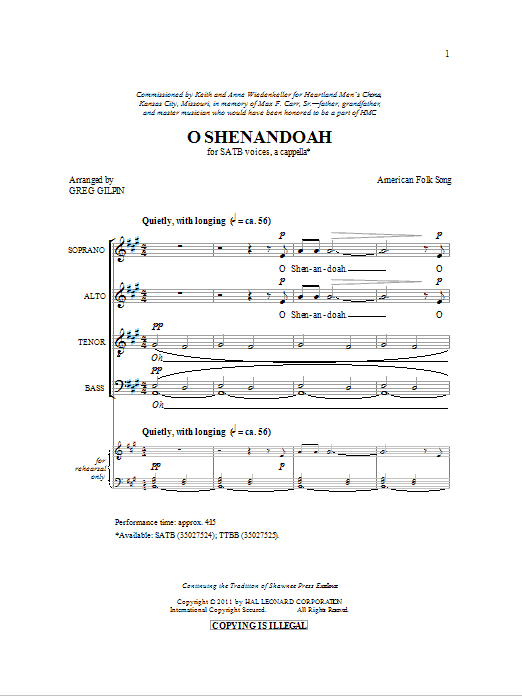 Greg Gilpin Shenandoah sheet music notes and chords. Download Printable PDF.