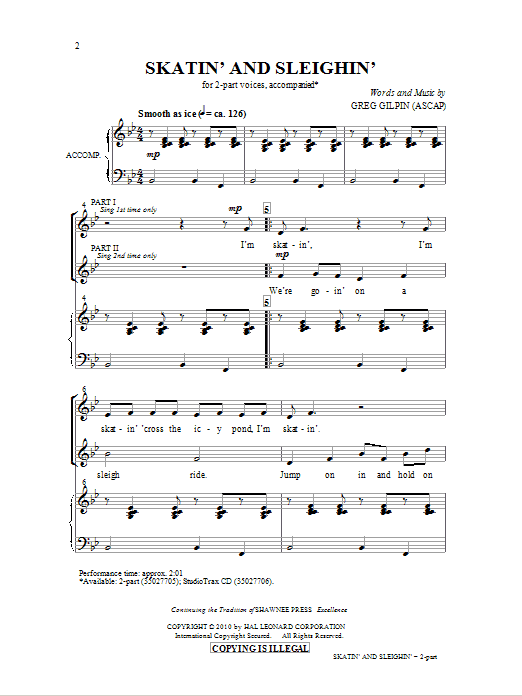 Learn to play Greg Gilpin Skatin' And Sleighin' sheet music for 2-Part Choir in minutes. Price: 3.9900$ Greg Gilpin Skatin' And Sleighin' sheet music notes and chords arranged for 2-Part Choir