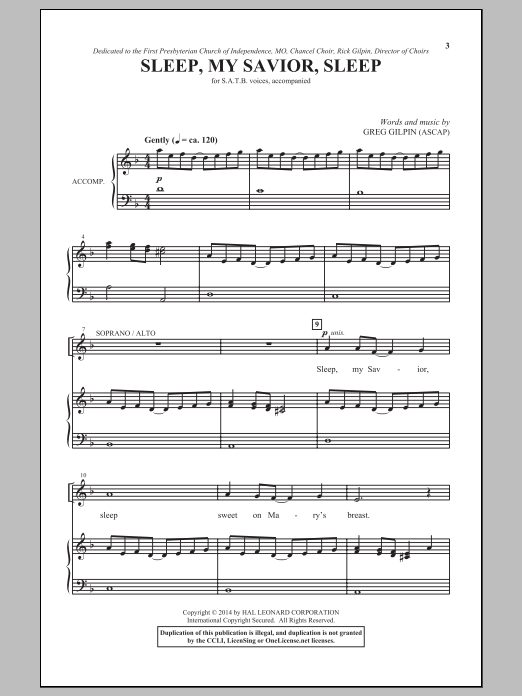 Greg Gilpin Sleep, My Savior, Sleep sheet music notes and chords arranged for SATB Choir