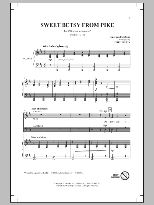 Learn to play Greg Gilpin Sweet Betsy From Pike sheet music for SAB Choir in minutes. Price: 3.9900$ Greg Gilpin Sweet Betsy From Pike sheet music notes and chords arranged for SAB Choir