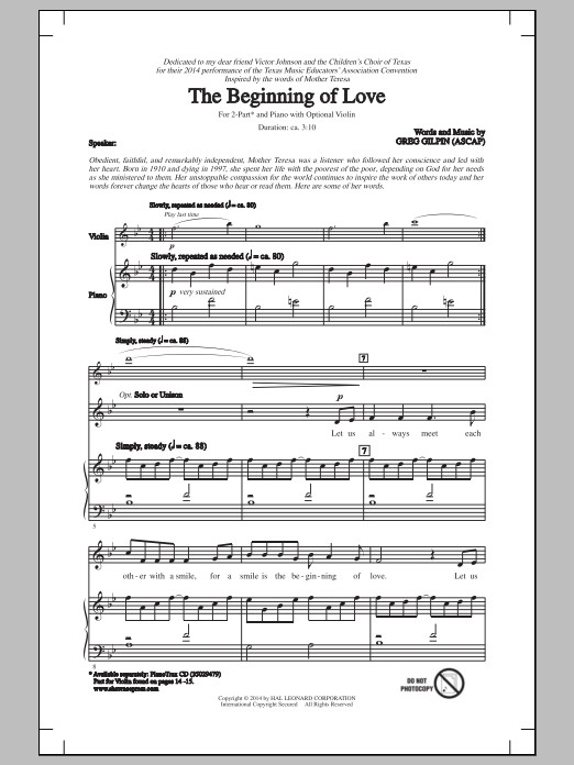 Learn to play Greg Gilpin The Beginning Of Love sheet music for 2-Part Choir in minutes. Price: 3.9900$ Greg Gilpin The Beginning Of Love sheet music notes and chords arranged for 2-Part Choir