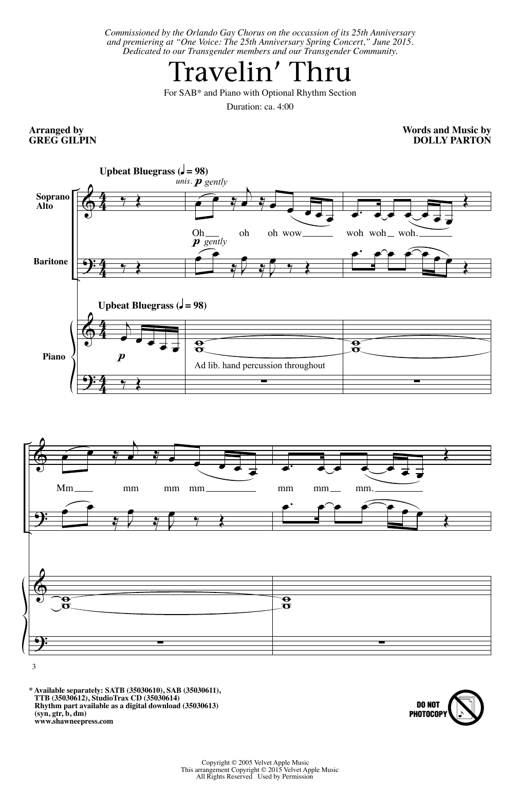 Greg Gilpin Travelin' Thru sheet music notes and chords. Download Printable PDF.