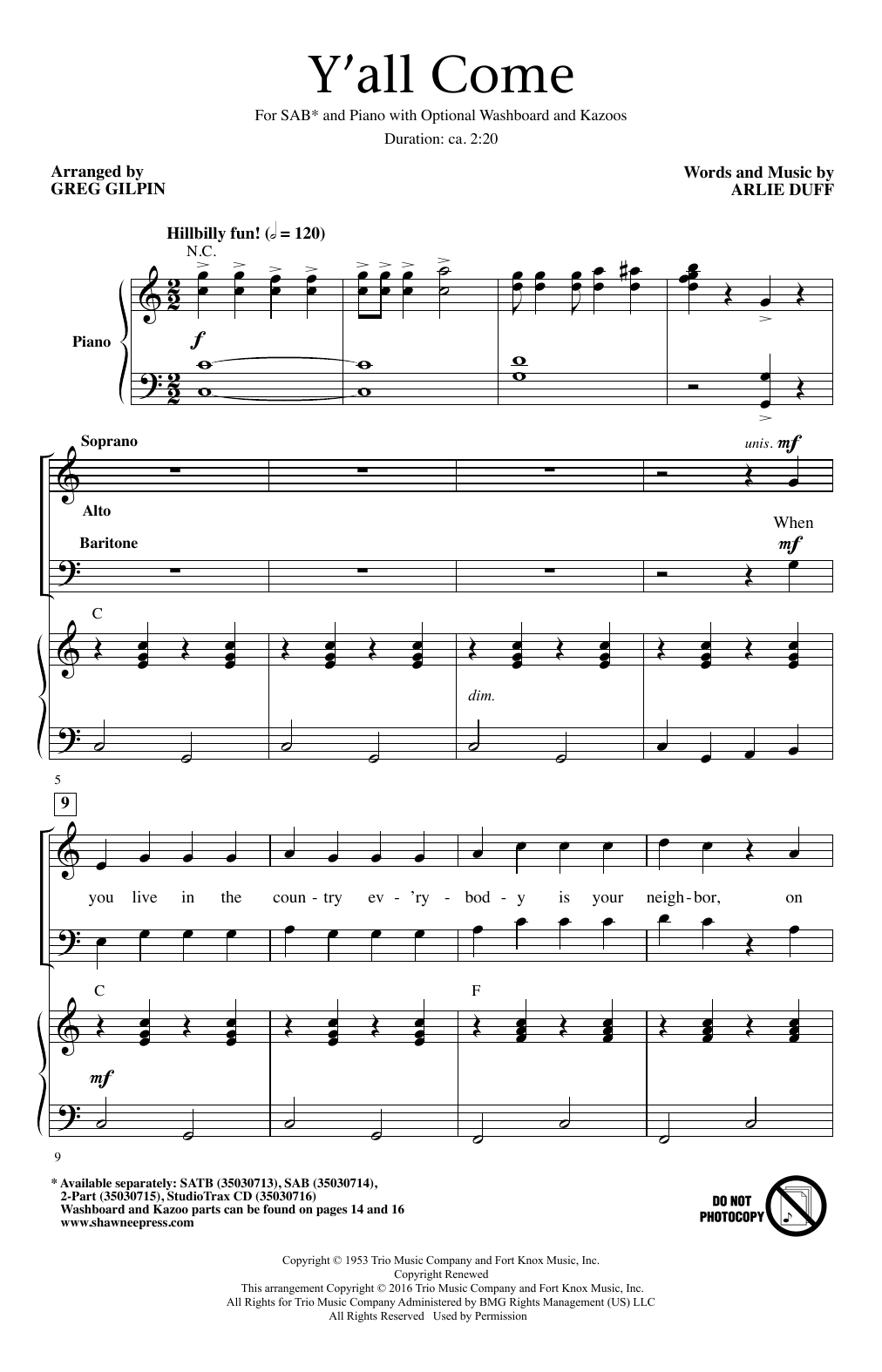 Greg Gilpin Y'All Come sheet music notes and chords. Download Printable PDF.