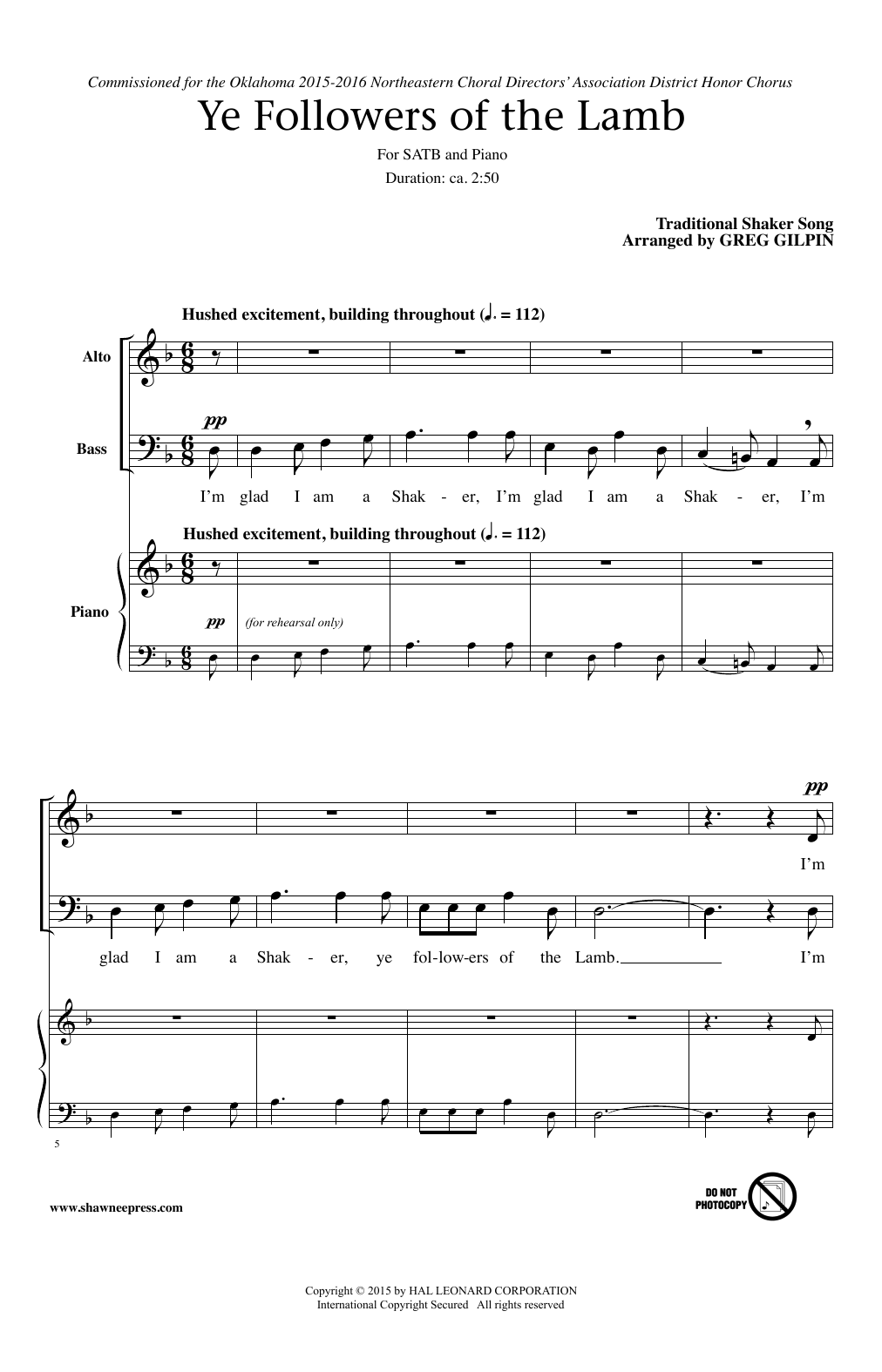 Learn to play Traditional Shaker Hymn Ye Followers Of The Lamb (arr. Greg Gilpin) sheet music for SATB Choir in minutes. Price: 3.9900$ Traditional Shaker Hymn Ye Followers Of The Lamb (arr. Greg Gilpin) sheet music notes and chords arranged for SATB Choir