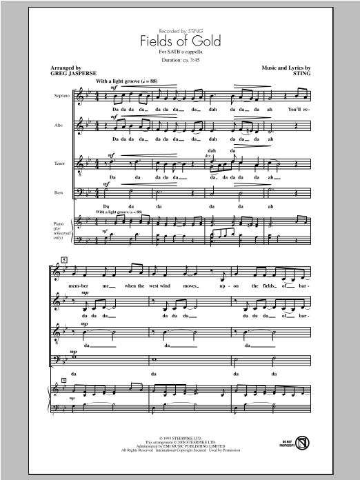 Greg Jasperse Fields Of Gold sheet music notes and chords. Download Printable PDF.