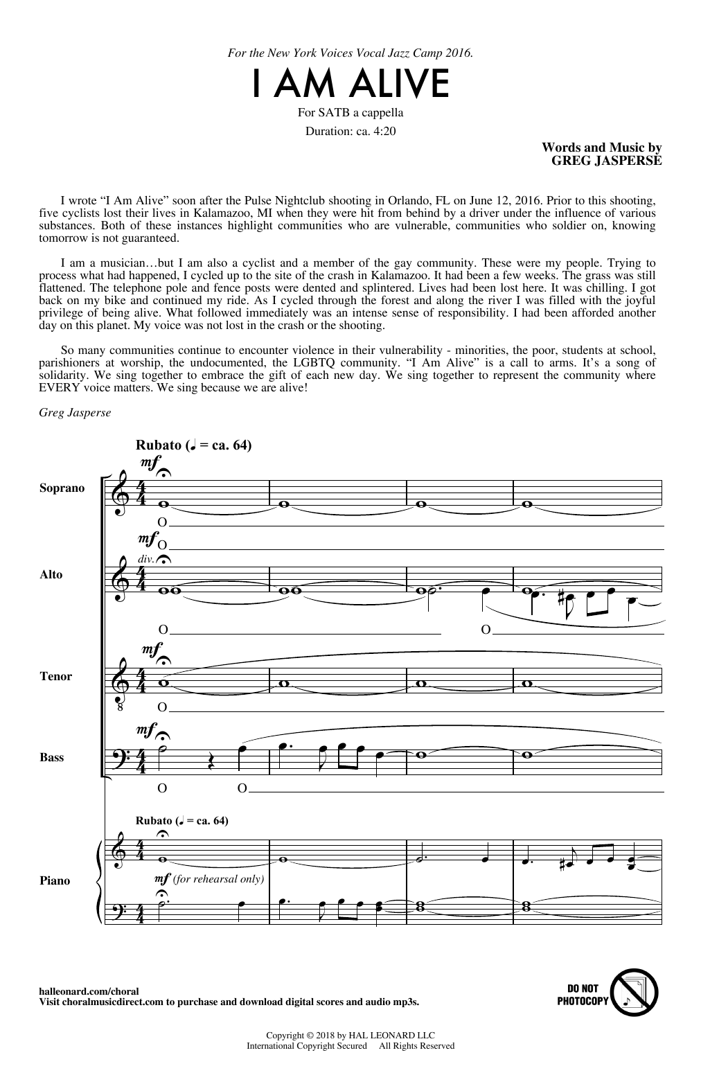 Greg Jasperse I Am Alive sheet music notes and chords. Download Printable PDF.