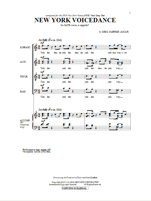 Greg Jasperse NY Voicedance sheet music notes and chords. Download Printable PDF.