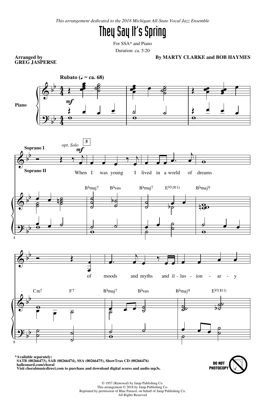 Learn to play Greg Jasperse They Say It's Spring sheet music for SAB Choir in minutes. Price: 3.9900$ Greg Jasperse They Say It's Spring sheet music notes and chords arranged for SAB Choir