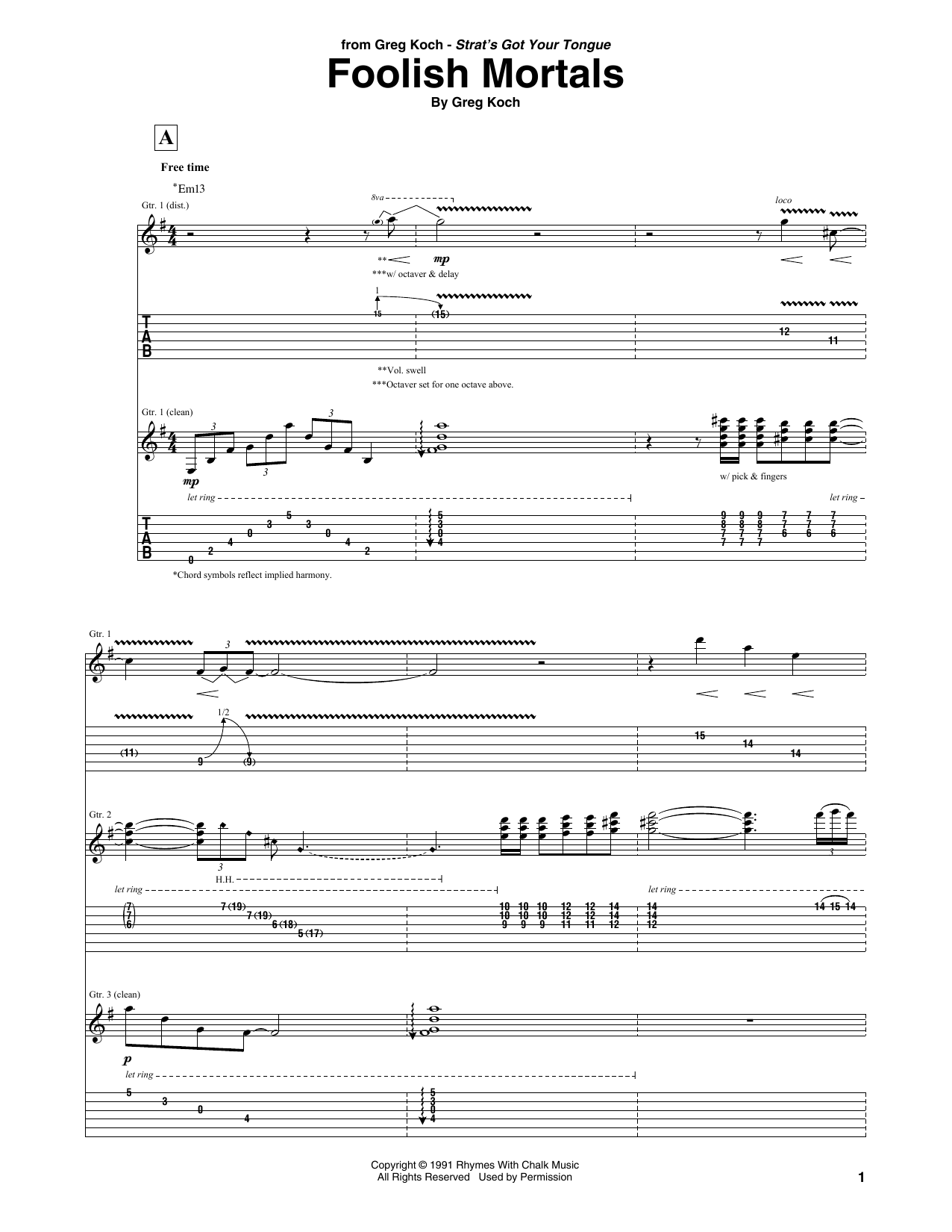 Greg Koch Foolish Mortals sheet music notes and chords. Download Printable PDF.