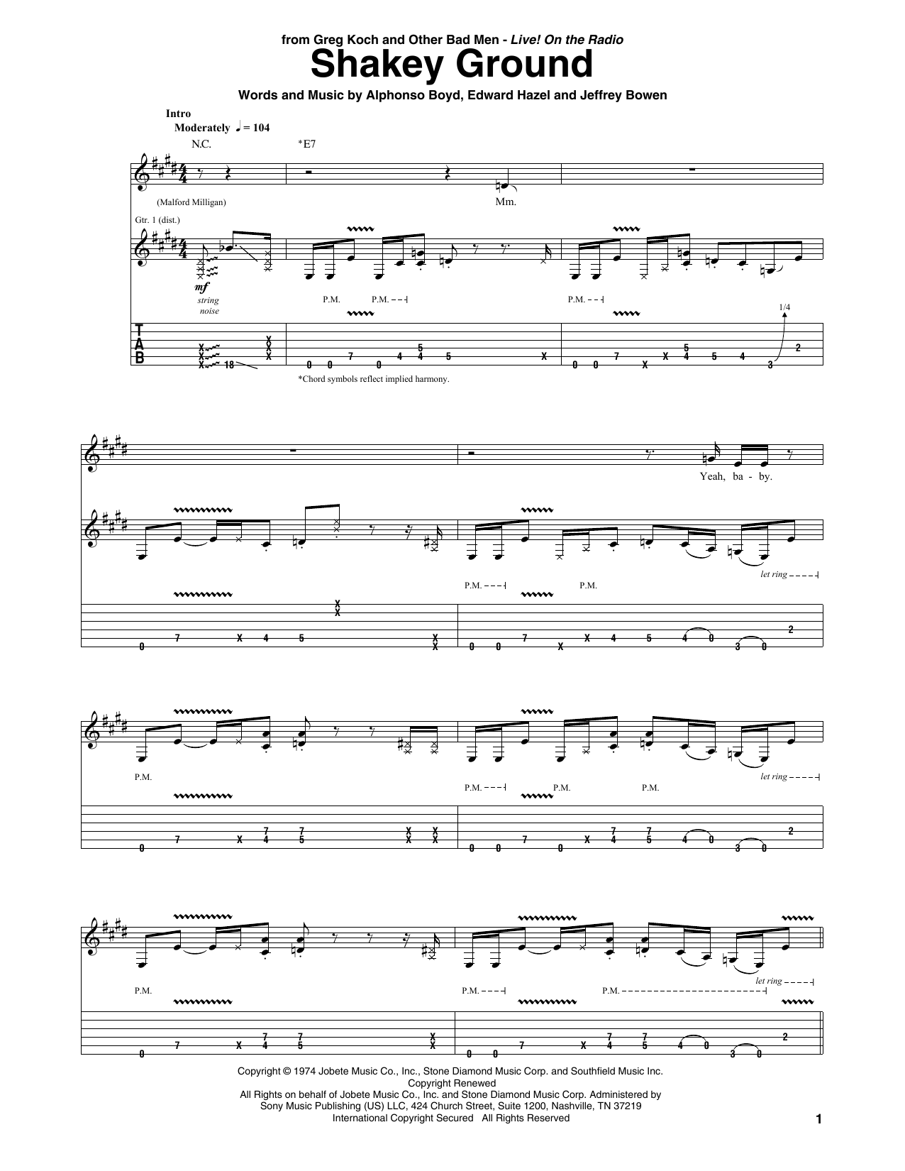 Greg Koch Shakey Ground sheet music notes and chords. Download Printable PDF.