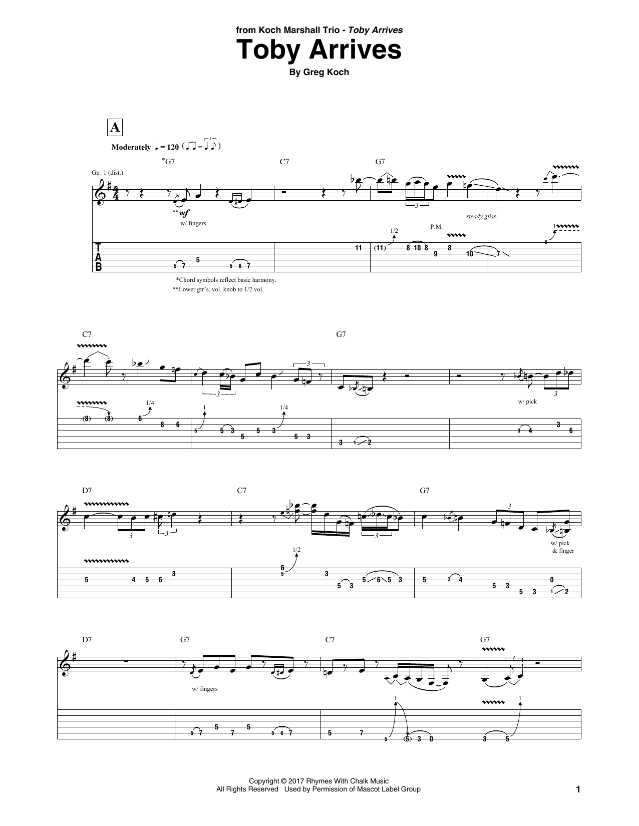 Greg Koch Toby Arrives sheet music notes and chords. Download Printable PDF.