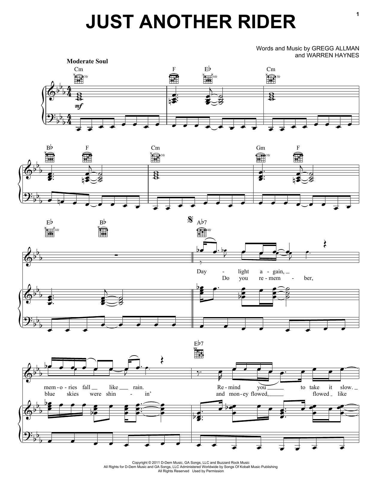 Gregg Allman Just Another Rider sheet music notes and chords. Download Printable PDF.