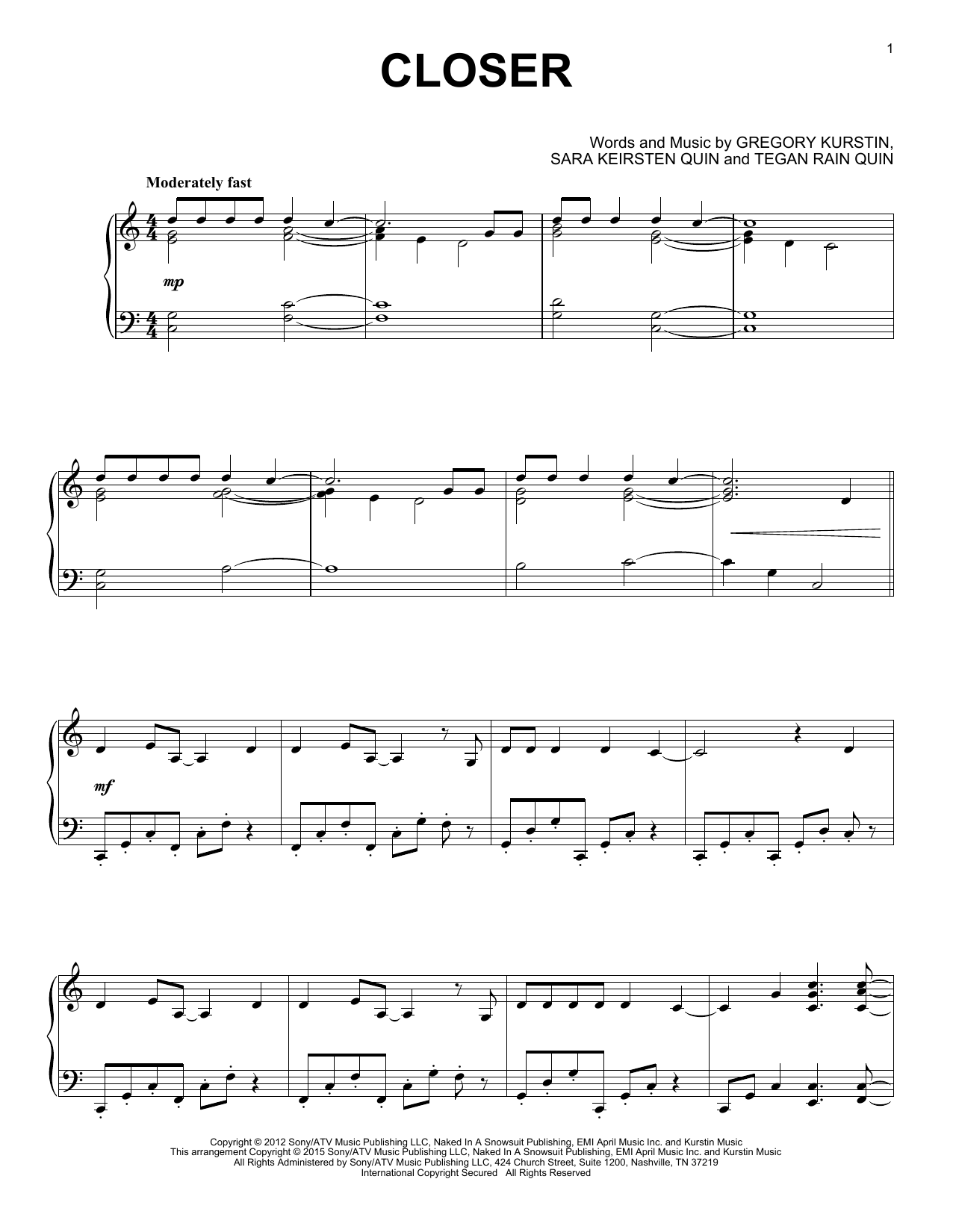 Gregory Kurstin Closer sheet music notes and chords. Download Printable PDF.