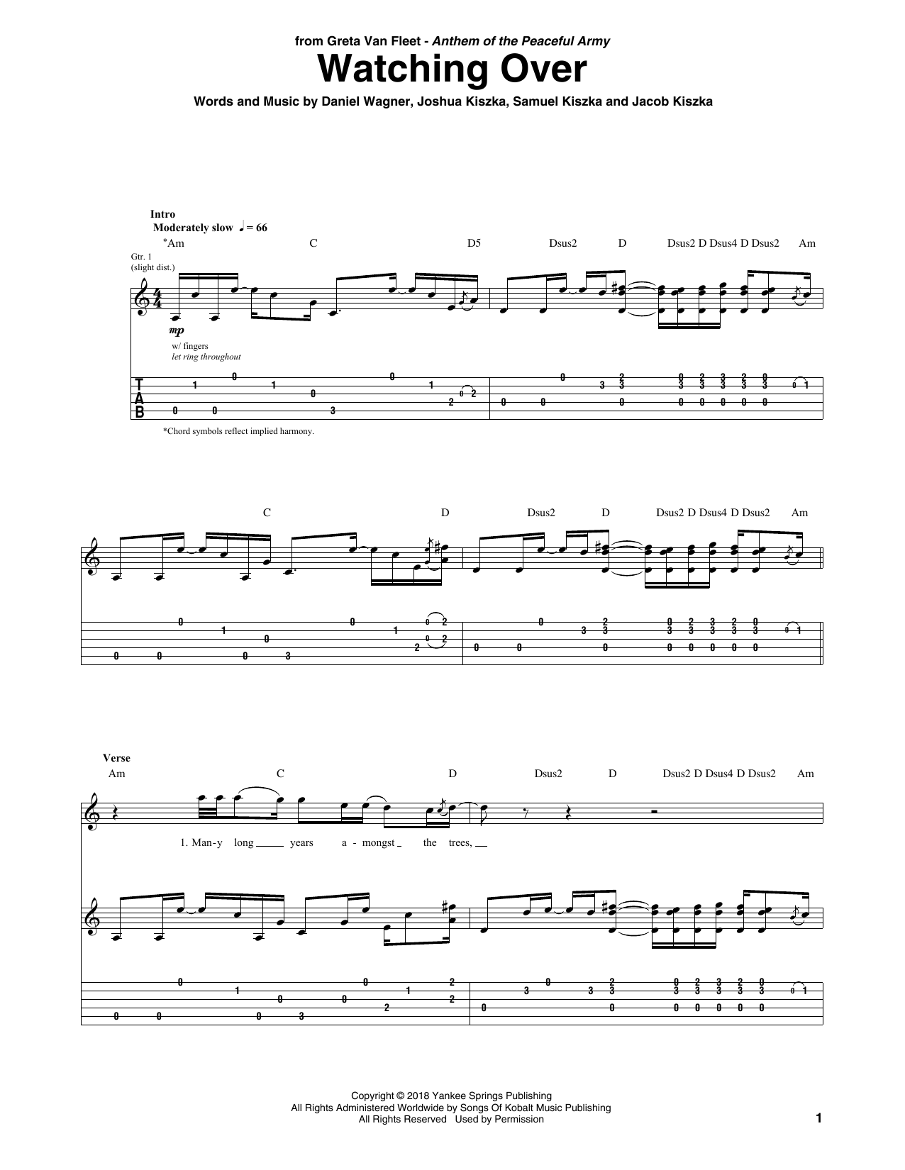 Greta Van Fleet Watching Over sheet music notes and chords. Download Printable PDF.