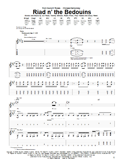 Learn to play Guns N' Roses Riad N' The Bedouins sheet music for Guitar Tab in minutes. Price: 7.8900$ Guns N' Roses Riad N' The Bedouins sheet music notes and chords arranged for Guitar Tab