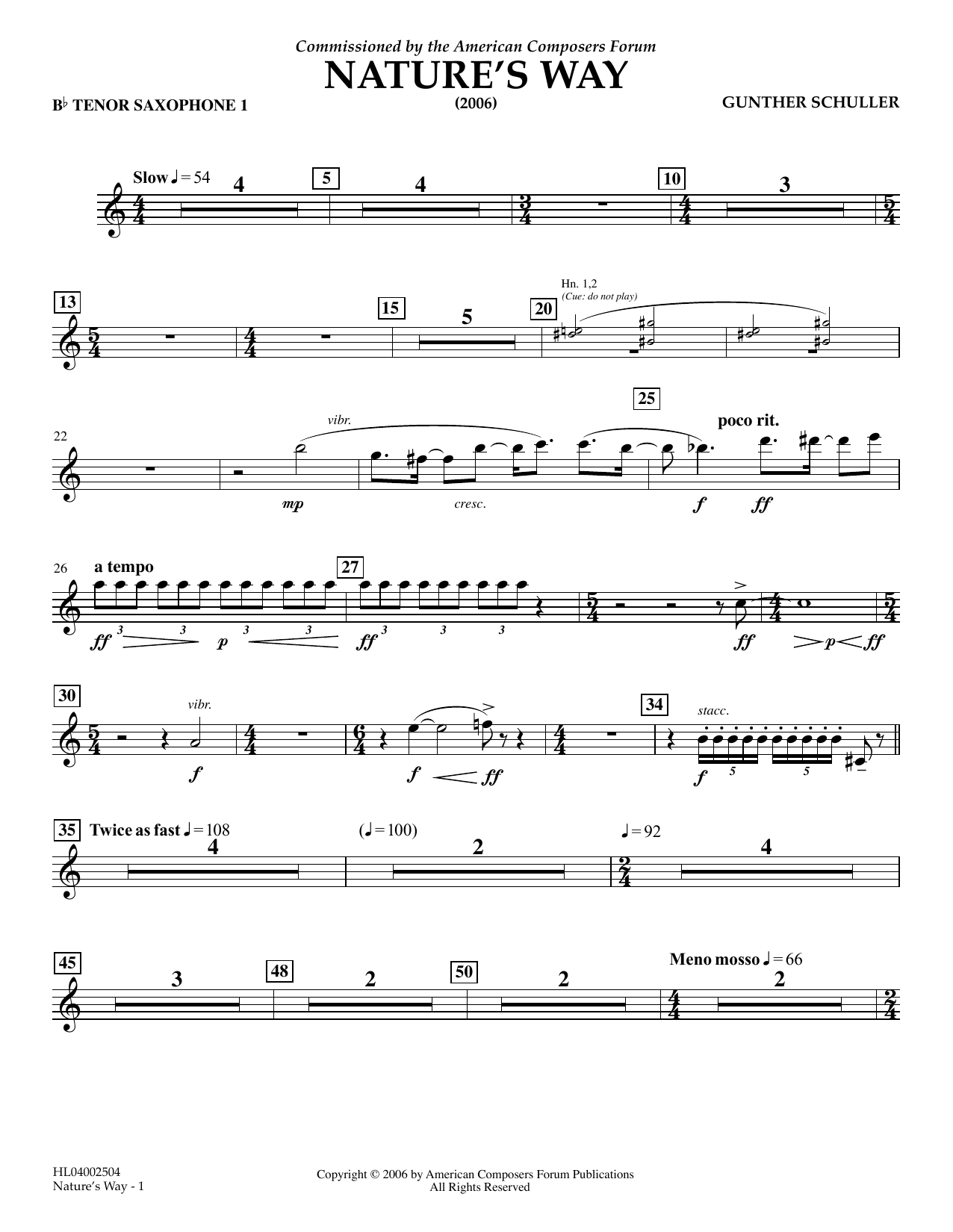 Gunther Schuller Nature's Way - Bb Tenor Saxophone 1 sheet music notes and chords arranged for Concert Band