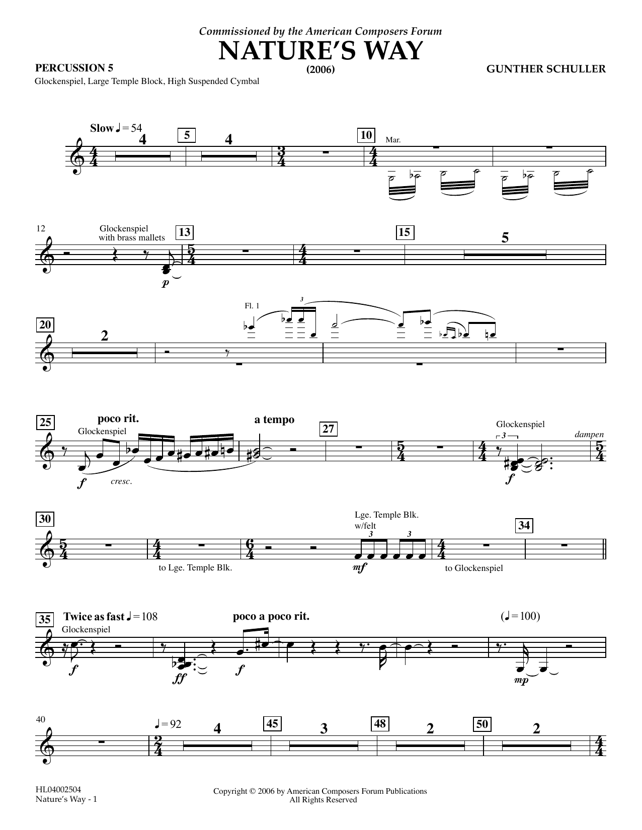 Learn to play Gunther Schuller Nature's Way - Percussion 5 sheet music for Concert Band in minutes. Price: 5.9900$ Gunther Schuller Nature's Way - Percussion 5 sheet music notes and chords arranged for Concert Band