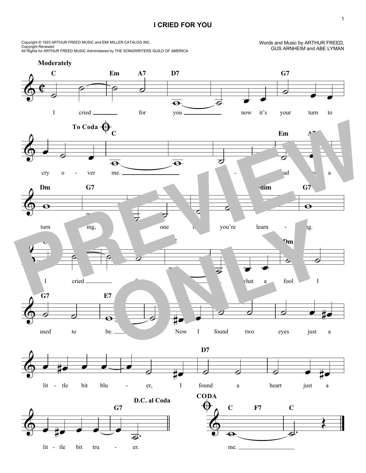 Learn to play Gus Arnheim I Cried For You sheet music for Easy Lead Sheet / Fake Book in minutes. Price: 5.9900$ Gus Arnheim I Cried For You sheet music notes and chords arranged for Easy Lead Sheet / Fake Book